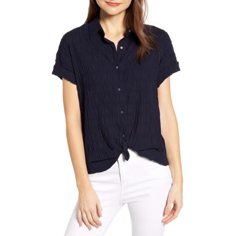Scotch & Soda Maison Scotch Navy Short Sleeve Smocked Button-Down Shirt Sz S‎